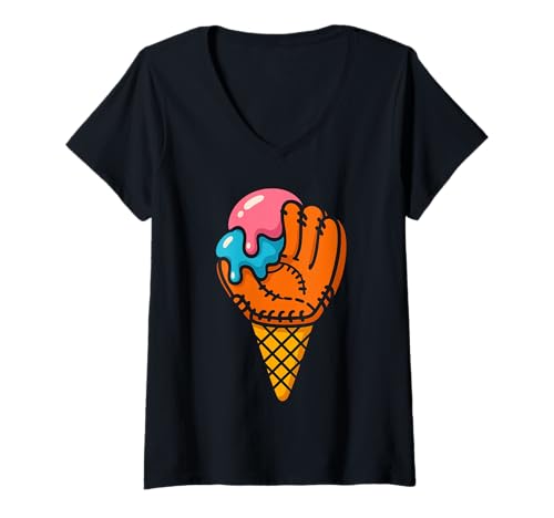Damen Baseballhandschuh Eistüte Cartoon Mashup Sommer Sport Humor T-Shirt mit V-Ausschnitt Damen Baseballhandschuh Eistüte Cartoon Mashup Sommer Sport Humor T-Shirt mit V-Ausschnitt von Fun Sports Snack Cartoon Baseball Glove Ice Cream