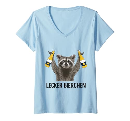 Damen Lecker Bierchen Lustiger Waschbär Spruch Party Bier T-Shirt mit V-Ausschnitt von Fun Sprüche Bier Trinken Männer Frauen Party