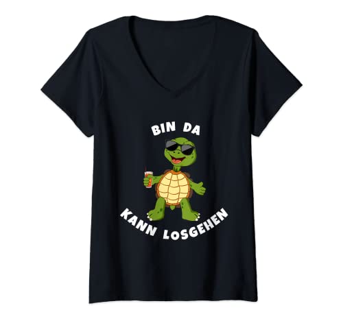 Damen Schildkröte kultiges Cartoon Motiv - "Bin da kann losgehen" T-Shirt mit V-Ausschnitt Damen Schildkröte kultiges Cartoon Motiv - "Bin da kann losgehen" T-Shirt mit V-Ausschnitt von Fun Sprüche Comic Tiere Bin da kann losgehen