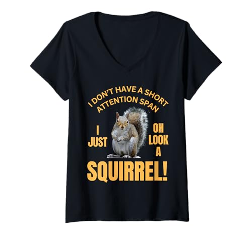 Damen Eichhörnchen Ich Habe Keine Kurze Aufmerksamkeitsspanne Sarkastisch Lustig T-Shirt mit V-Ausschnitt Damen Eichhörnchen Ich Habe Keine Kurze Aufmerksamkeitsspanne Sarkastisch Lustig T-Shirt mit V-Ausschnitt von Fun Squirrel Humor Attention Span