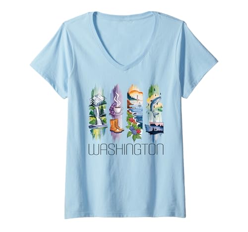 Damen Bundesstaat Washington, Design im pazifischen Nordwesten, PNW, Washington T-Shirt mit V-Ausschnitt Damen Bundesstaat Washington, Design im pazifischen Nordwesten, PNW, Washington T-Shirt mit V-Ausschnitt von Fun State Designs