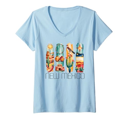 Damen New Mexico, Southwestern Design, Roadrunner, Kaktuskunst T-Shirt mit V-Ausschnitt Damen New Mexico, Southwestern Design, Roadrunner, Kaktuskunst T-Shirt mit V-Ausschnitt von Fun State Designs