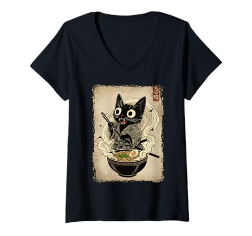 Damen Ramen ist der Weg der Kriegerkatze Samurai T-Shirt mit V-Ausschnitt Damen Ramen ist der Weg der Kriegerkatze Samurai T-Shirt mit V-Ausschnitt von Fun Studios