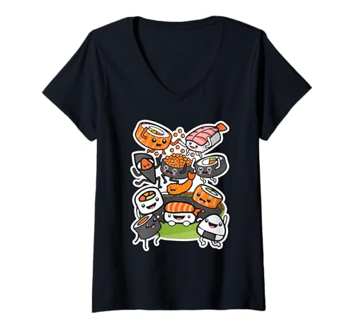 Damen Lustige Auswahl an Maki & Nigiri Sushi, glücklicher japanischer Feinschmecker T-Shirt mit V-Ausschnitt Damen Lustige Auswahl an Maki & Nigiri Sushi, glücklicher japanischer Feinschmecker T-Shirt mit V-Ausschnitt von Fun Sushi Designs