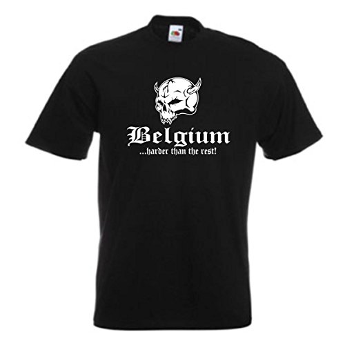 T-Shirt Belgien Belgium Harder Than The Rest, schwarzes Baumwoll Ländershirt mit Totenkopf & Schriftzug, große Größen (WMS05-11a) 5XL von Fun T-Shirt