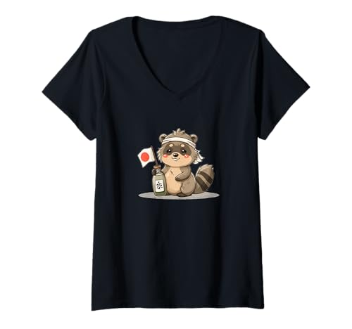 Damen Cooles Japanisches Tanuki-Tierkostüm T-Shirt mit V-Ausschnitt Damen Cooles Japanisches Tanuki-Tierkostüm T-Shirt mit V-Ausschnitt von Fun Tanuki Outfit