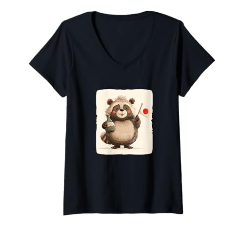 Damen Happy Tanuki Kostüm für japanische Tiere und Japan Liebhaber T-Shirt mit V-Ausschnitt Damen Happy Tanuki Kostüm für japanische Tiere und Japan Liebhaber T-Shirt mit V-Ausschnitt von Fun Tanuki Outfit