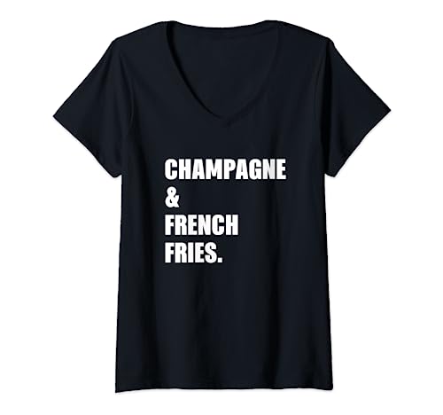 Damen Champagner und Pommes Frites T-Shirt mit V-Ausschnitt von Fun Tees