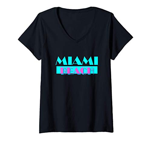 Damen Miami Beach Vice Style T-Shirt mit V-Ausschnitt von Fun Tees