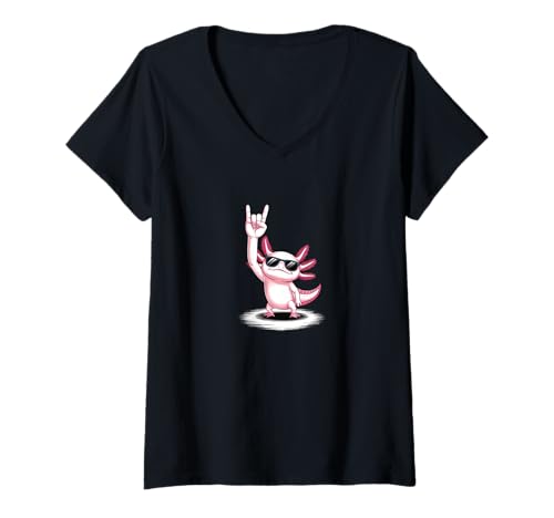 Damen Rock On Geste Lustig Rock Musik Pommesgabel Axolotl T-Shirt mit V-Ausschnitt Damen Rock On Geste Lustig Rock Musik Pommesgabel Axolotl T-Shirt mit V-Ausschnitt von Fun Wear Rock Animals