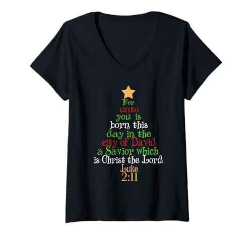 Damen Christus der Herr Bibelzitat Luke 2:11 – Jesus Weihnachtsbaum T-Shirt mit V-Ausschnitt Damen Christus der Herr Bibelzitat Luke 2:11 – Jesus Weihnachtsbaum T-Shirt mit V-Ausschnitt von Fun Xmas Designs