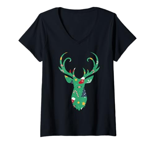 Damen Weihnachtsstrumpf, Rentiergeweih, Süßigkeiten, Weihnachtsbaum, Sterne T-Shirt mit V-Ausschnitt Damen Weihnachtsstrumpf, Rentiergeweih, Süßigkeiten, Weihnachtsbaum, Sterne T-Shirt mit V-Ausschnitt von Fun Xmas Designs
