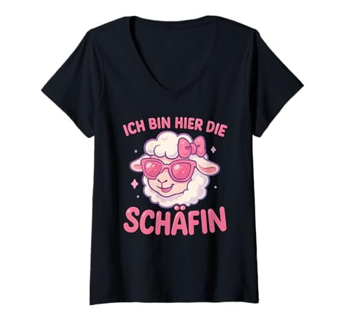 Damen Ich Bin Hier Die Schäfin - Lustiges Schaf Chefin T-Shirt mit V-Ausschnitt von Fun & Humor Sprüche & Geschenke