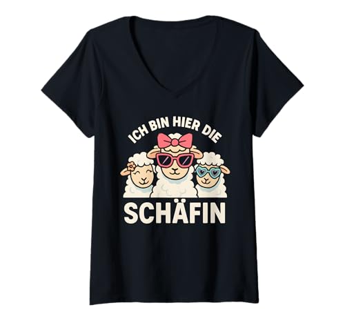 Damen Ich Bin Hier Die Schäfin - Lustiges Schaf Chefin T-Shirt mit V-Ausschnitt von Fun & Humor Sprüche & Geschenke