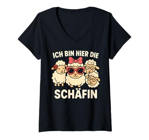 Damen Ich Bin Hier Die Schäfin - Lustiges Schaf Chefin T-Shirt mit V-Ausschnitt von Fun & Humor Sprüche & Geschenke