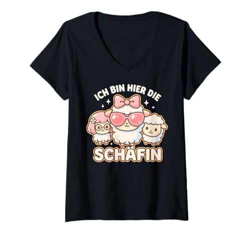 Damen Ich Bin Hier Die Schäfin - Lustiges Schaf Chefin T-Shirt mit V-Ausschnitt von Fun & Humor Sprüche & Geschenke