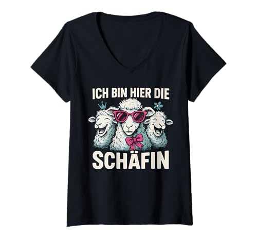 Damen Ich Bin Hier Die Schäfin - Lustiges Schaf Chefin T-Shirt mit V-Ausschnitt von Fun & Humor Sprüche & Geschenke