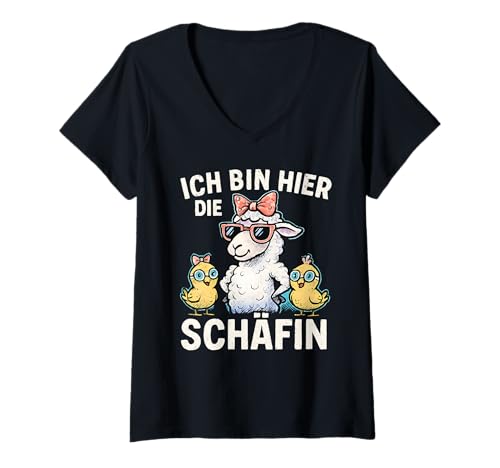 Damen Ich Bin Hier Die Schäfin - Lustiges Schaf Chefin T-Shirt mit V-Ausschnitt von Fun & Humor Sprüche & Geschenke