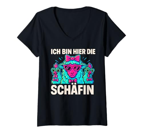 Damen Ich Bin Hier Die Schäfin - Lustiges Schaf Chefin T-Shirt mit V-Ausschnitt von Fun & Humor Sprüche & Geschenke