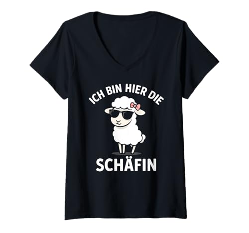 Damen Ich Bin Hier Die Schäfin - Lustiges Schaf Chefin T-Shirt mit V-Ausschnitt von Fun & Humor Sprüche & Geschenke
