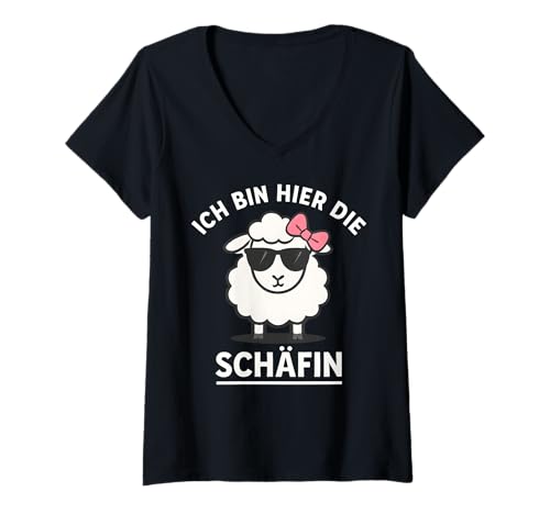 Damen Ich Bin Hier Die Schäfin - Lustiges Schaf Chefin T-Shirt mit V-Ausschnitt von Fun & Humor Sprüche & Geschenke