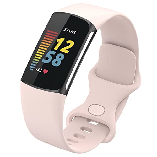 FunBand Armband kompatibel mit Fitbit Charge 5 Armband, Weiches Silikon Sport Ersatzband Verstellbares Uhrenarmband Armbänder für Fitbit Charge 5 Activity Tracker für Damen Herren, Hell-Pink von FunBand