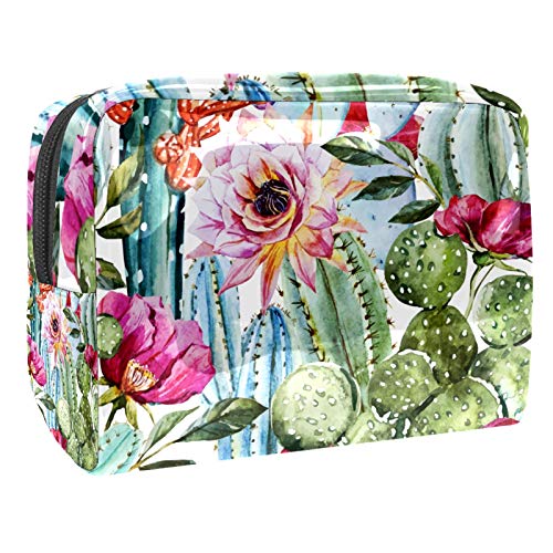 Kleine Make-up-Tasche, Reise-Kosmetiktasche für Damen und Mädchen, wasserdicht, tragbar, Kulturbeutel, tägliche Aufbewahrung, Organizer, Aquarellblumen, Rosen und Kaktus von FunHOMEs