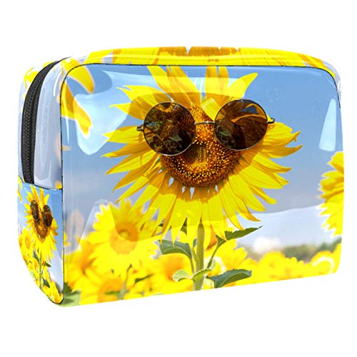 Kleine Make-up-Tasche, Reise-Kosmetiktasche für Damen und Mädchen, wasserdicht, tragbar, Kulturbeutel, tägliche Aufbewahrung, Organizer, Brille mit Sonnenblume von FunHOMEs