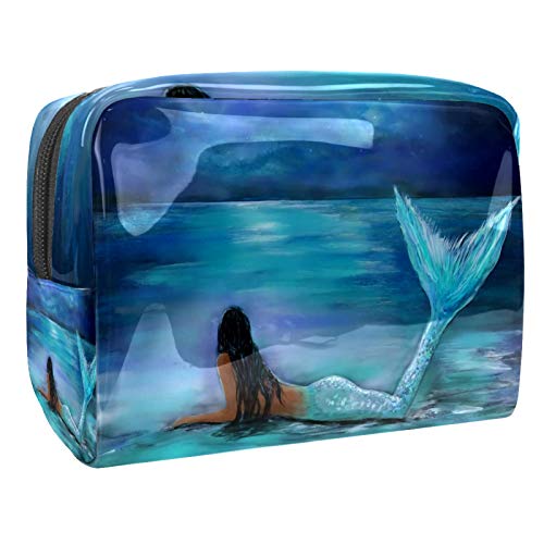 Kleine Make-up-Tasche, Reise-Kosmetiktasche für Damen und Mädchen, wasserdicht, tragbar, Kulturbeutel, tägliche Aufbewahrung, Organizer, Meerjungfrau am Strand von FunHOMEs