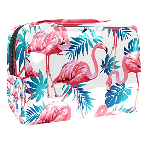 Kleine Make-up-Tasche, Reise-Kosmetiktasche für Damen und Mädchen, wasserdicht, tragbar, Kulturbeutel, tägliche Aufbewahrung, Organizer, Sommer, tropische Palmenblätter mit Flamingo von FunHOMEs