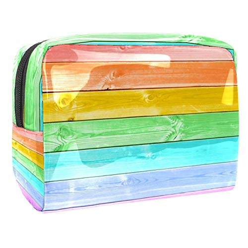 Kleine Make-up-Tasche, Reise-Kosmetiktasche für Damen und Mädchen, wasserdicht, tragbar, Kulturbeutel, tägliche Aufbewahrung, Organizer, regenbogenfarbene Holzbretter von FunHOMEs