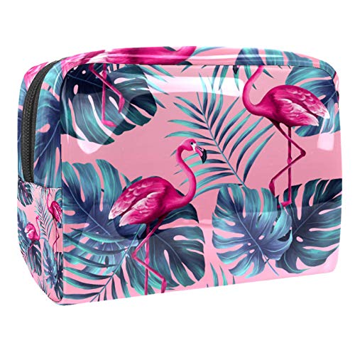 Kleine Make-up-Tasche, Reise-Kosmetiktasche für Damen und Mädchen, wasserdicht, tragbar, Kulturbeutel, tägliche Aufbewahrung, Organizer, tropisches Blatt, rosa Flamingo von FunHOMEs