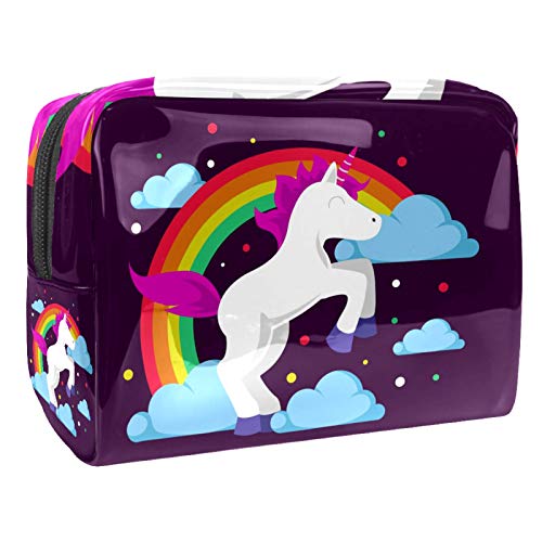 Kleine Make-up-Tasche, Reise-Kosmetiktasche für Damen und Mädchen, wasserdicht, tragbar, Kulturbeutel, tägliche Aufbewahrung, Organizer, weißes Einhorn mit Regenbogen von FunHOMEs