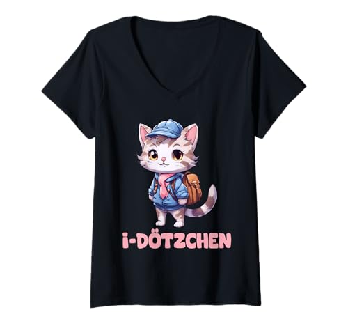 Damen Süsse Kawaii Katze I-Dötzchen zur Einschulung T-Shirt mit V-Ausschnitt von FunShirtDealer