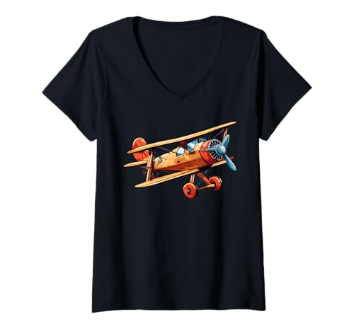 Damen Vintage Doppeldecker im Flug T-Shirt mit V-Ausschnitt von FunShirtDealer