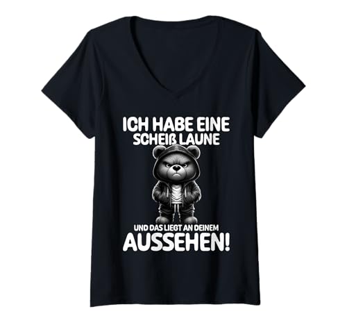 Damen Ich habe eine scheiß Laune - Lustiger Bär Spruch T-Shirt mit V-Ausschnitt von FunShop