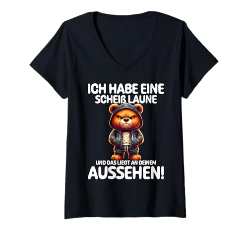 Damen Ich habe eine scheiß Laune - Lustiger Bär Spruch T-Shirt mit V-Ausschnitt von FunShop