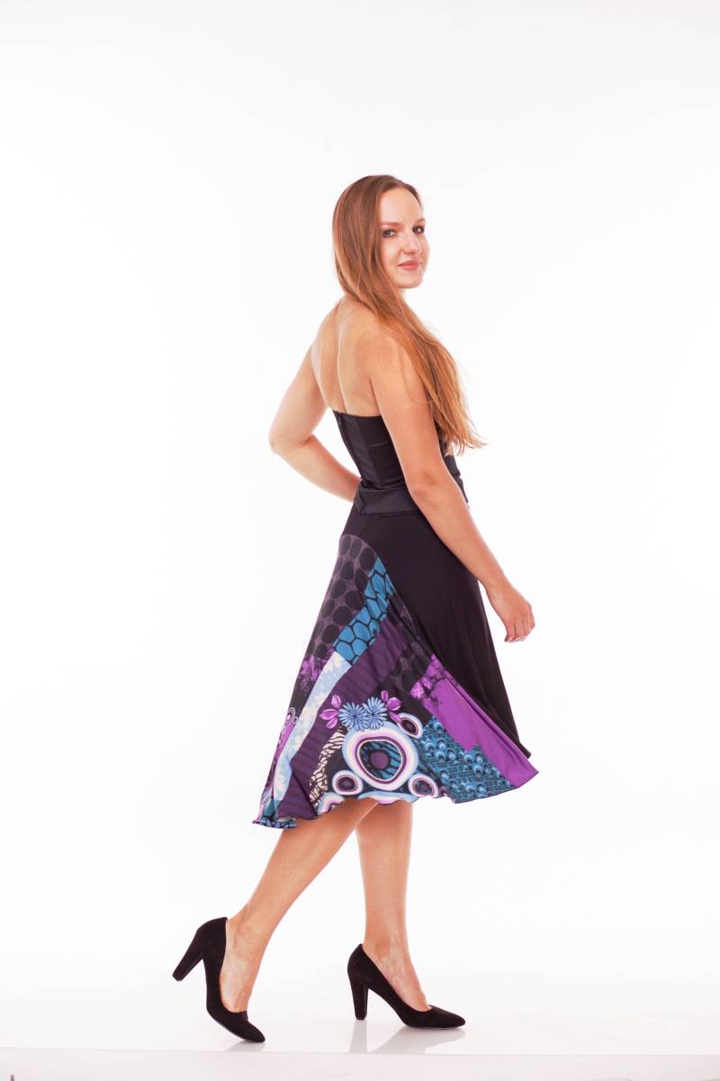 Tangorock Mit Rückeninlet, Schwarz Lila Blau Rock Für Tango, Vorrätig Tango Kleidung, Abstrakter Druck Teal Jupe, Kleidung von FunTango