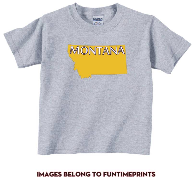 Montana -Lustiges State Map T-Shirt Oder Bodysuit -Lustige Uni Kleidung Säugling Kleinkind Kinder - in Weiß Grau Pink Blau -155 von FunTimePrints