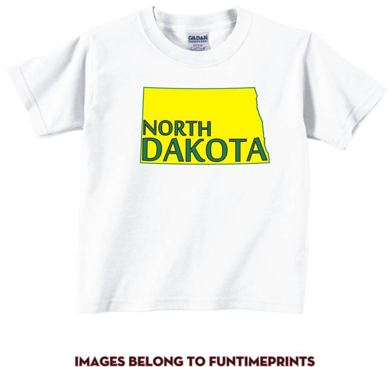 North Dakota -Fun State Map T-Shirt Oder Bodysuit - Uni Kleidung Säugling Kleinkind Kinder-In Weiß Grau Pink Blau-169 von FunTimePrints
