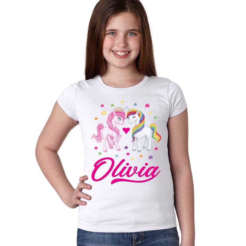 Einhorn-T-Shirt Mit Namen - Personalisiert Girls' Princess T-Shirt Jugend Größen Xs Xl, Regenbogen, Sterne, Herzen von FunToSeeMe