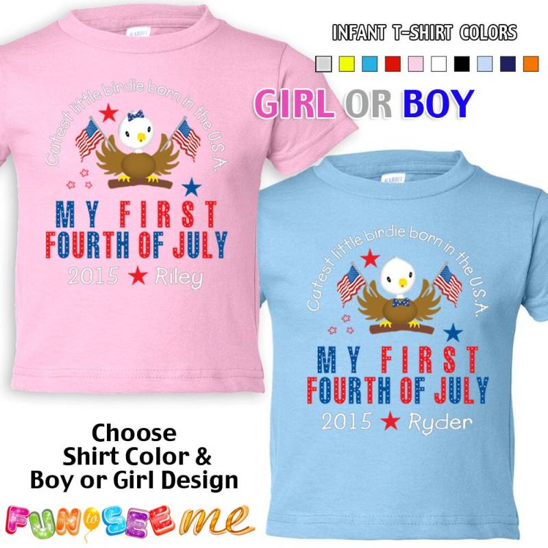 Meine Erste Fourth Of July - Süßeste Kleine Birdie Geboren in Den Usa T-Shirt Girls Boys Infant Personalisierte W/Name Jahr von FunToSeeMe