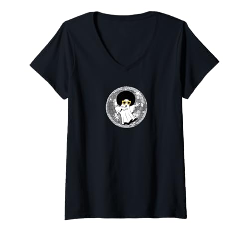 Damen Discokugel Geist Gruselige Halloween Disco Vibes T-Shirt mit V-Ausschnitt von FunWearVM