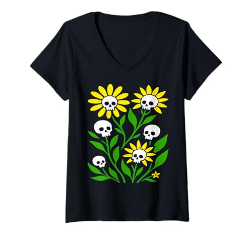 Damen Gruselige Halloween Boho Blume Schädel Botanische Wildblume T-Shirt mit V-Ausschnitt von FunWearVM