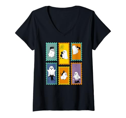 Damen Gruselige Halloween-Stempel mit niedlichen Geisterkatzen im Retro-Look T-Shirt mit V-Ausschnitt von FunWearVM