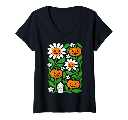 Damen Halloween Boho Blume Kürbisse Botanische Wildblume Retro T-Shirt mit V-Ausschnitt von FunWearVM