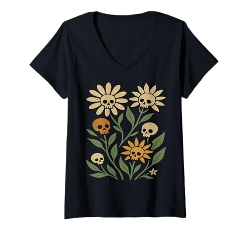 Damen Halloween Boho Blume Schädel Botanische Wildblume Retro T-Shirt mit V-Ausschnitt von FunWearVM
