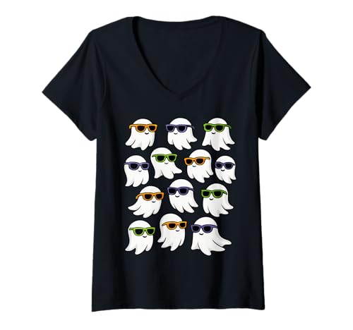 Damen Halloween-Geister T-Shirt mit V-Ausschnitt von FunWearVM