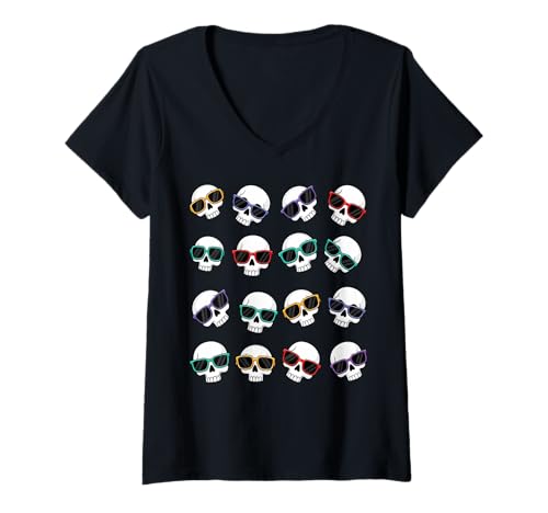 Damen Halloween Skulls Cool Skelett Vibes T-Shirt mit V-Ausschnitt von FunWearVM