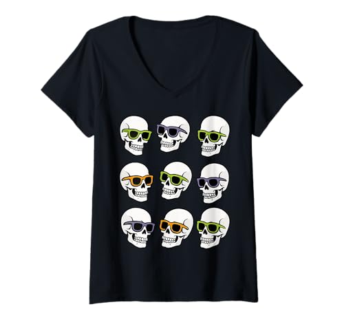 Damen Halloween-Totenköpfe Coole Vibes T-Shirt mit V-Ausschnitt von FunWearVM